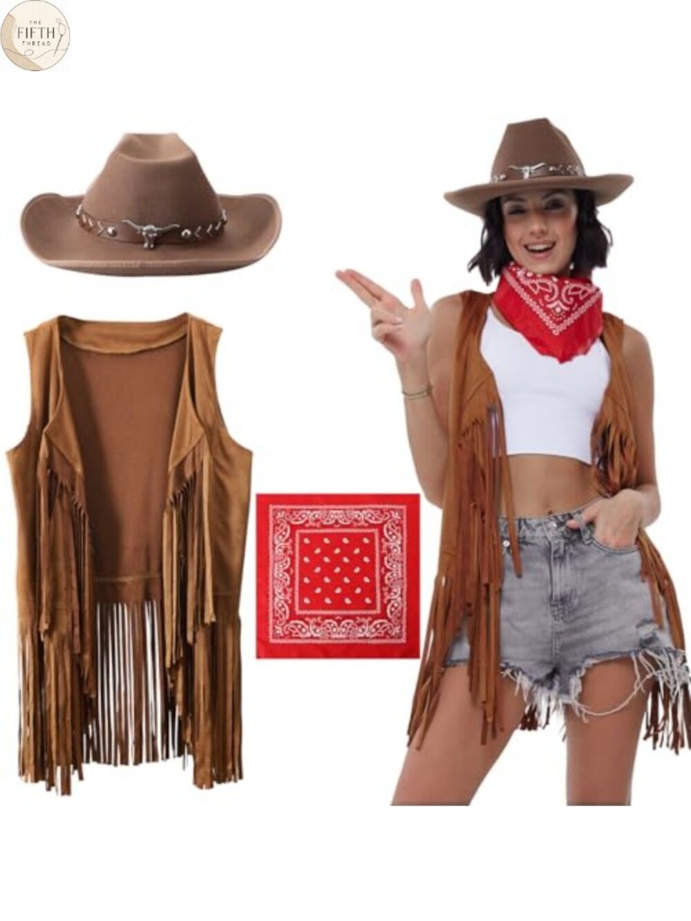 Faux Suede Fringe Vest Set with Cowboy Hat & Bandana